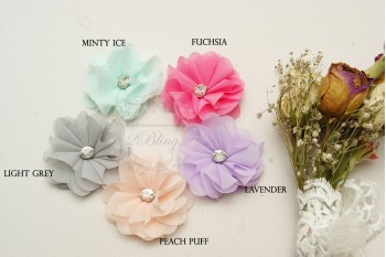 Chiffon Flower with SINGLE Rhinestone, 6cm, Pack of 3